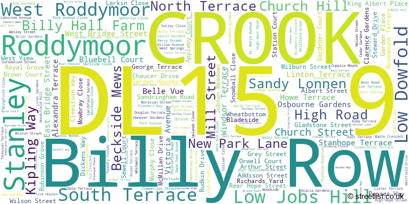 A word cloud for the DL15 9 postcode